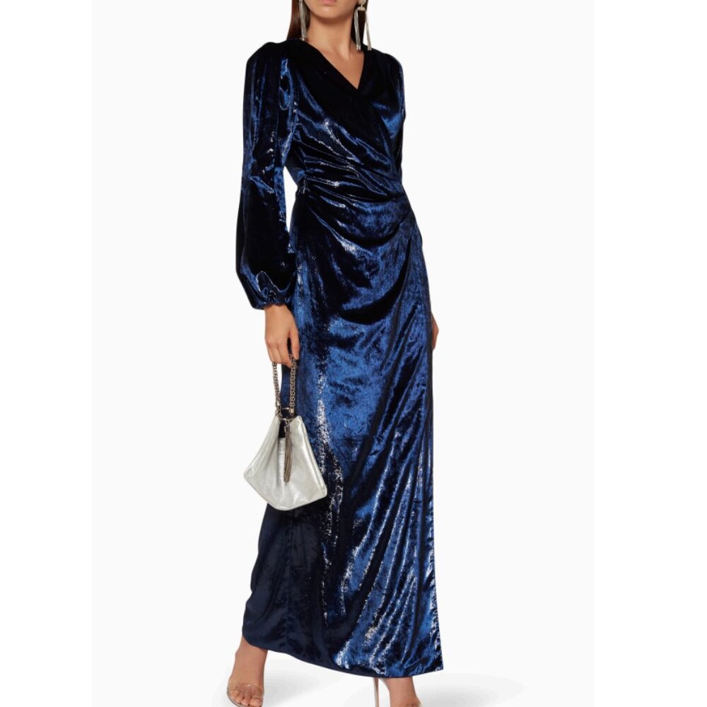 MARIA LUCIA HOHAN Assia Velvet Wrap Evening Gown Navy Size NWT Size Small
